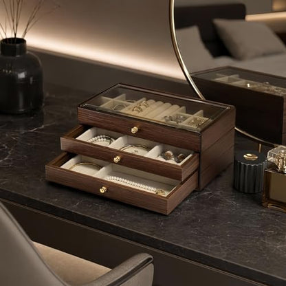 3 - Layer Wooden Drawers Jewelry Box for Women, Jewelry Organizer with Acrylic Cover & Velvet Lining - Adjustable Compartments for Earrings, Rings, Necklaces, Bracelets, Lipstick - size: 10"D x 4.5"W x 6.8"H