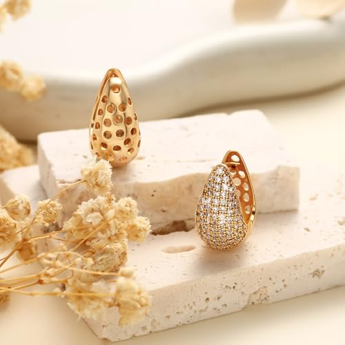 CZ Huggie Hoop Earrings for Women | Sparkly Cubic Zirconia, Small Hoop, Lightweight, Everyday Fashion Jewelry - color: Teardrop Pave CZ - Gold