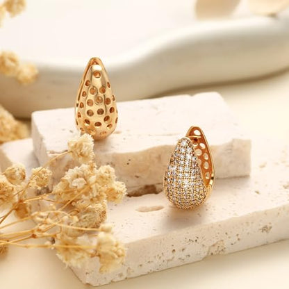 CZ Huggie Hoop Earrings for Women | Sparkly Cubic Zirconia, Small Hoop, Lightweight, Everyday Fashion Jewelry - color: Teardrop Pave CZ - Gold