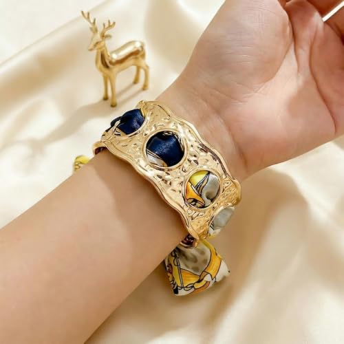 Gold Cuff Bracelets for Women, Boho Western Scarf Bracelet with Ribbon Bow, Adjustable Open Bangle Hair Tie Bracelet, Blue Paisley Bandana Wrist Cuff, Stainless Steel Vacation Festival Jewelry - color: a5:pink