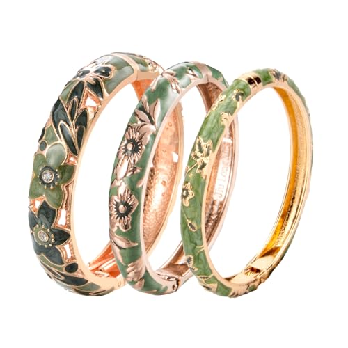 wynameleri Womens Multi-colors Cloisonne Bracelets Flower Enameled Gold Plated Hinged Cuff Bangles Jewelry Gift 3 Packs - color: 3 Pcs Set-Green