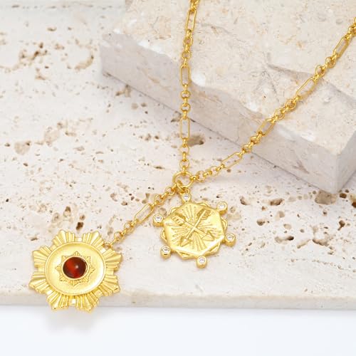 Chunky Gold Necklace for Women, 18K Waterproof Heart Necklace Statement Necklace Gold Charm Necklace Chunky Jewelry Paperclip Chain Choker Gift for Women - style: Flower Sun Coin