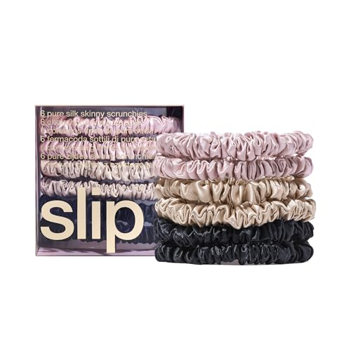 slip Skinny Scrunchies Multi | Set of 6 Pure Silk Skinny Scrunchies | Includes 2 Pink, 2 Caramel, 2 Black | 100% Mulberry Silk, Anti-Crease, Gentle on Hair, Reduces Breakage | Stylish & Durable - color: Black, Pink, Caramel