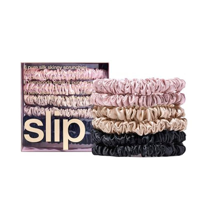 slip Skinny Scrunchies Multi | Set of 6 Pure Silk Skinny Scrunchies | Includes 2 Pink, 2 Caramel, 2 Black | 100% Mulberry Silk, Anti-Crease, Gentle on Hair, Reduces Breakage | Stylish & Durable - color: Black, Pink, Caramel