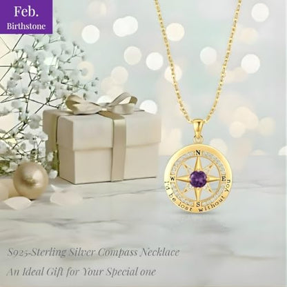 Compass Necklace for Women Wife Girlfriend Mom Daughter Gifts | S925 Silver Jewelry For Anniversary 18K Rose Gold Gifts For Birthday Christmas Mothers Valentines Day 12 Birthstones - style: 02-February-Gold