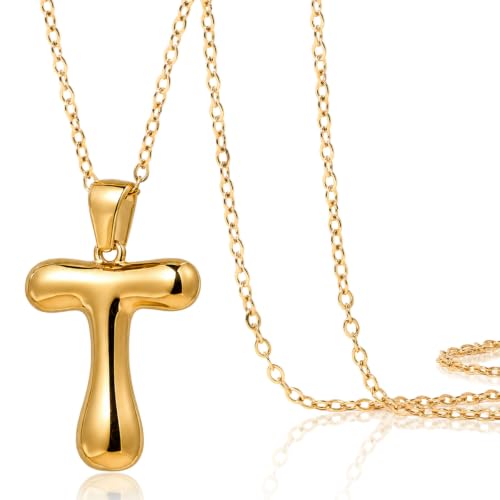 DoDoBeads Stainless Steel Initial Necklace, Waterproof 18K Gold Plated Necklace, Non-Tarnish Chunky Monogram Jewelry Gifts for Women, Mothers Day Gift - style: T
