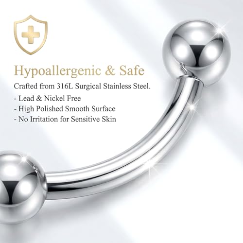 32 Pcs Eyebrow Piercing Jewelry Curved Barbell Piercing Rings Steel Vertical Labret Lip Jewelry Ear Helix Conch Daith Earrings Piercing Body Jewelry For Women Men 6mm/8mm/10mm/12mm