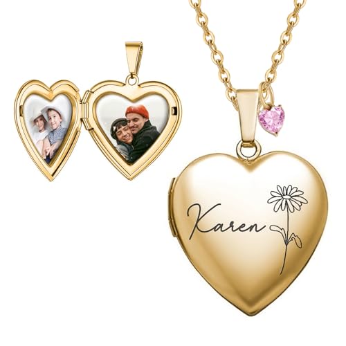 Personalized Heart Locket Necklace Customize Photo 925 Sterling Silver Picture Locket Necklace for Women Girls kids Engraved Birth Flower and Text Birthday Christmas Gifts for Women Girls Kids - color: Gold