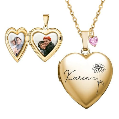 Personalized Heart Locket Necklace Customize Photo 925 Sterling Silver Picture Locket Necklace for Women Girls kids Engraved Birth Flower and Text Birthday Christmas Gifts for Women Girls Kids - color: Gold