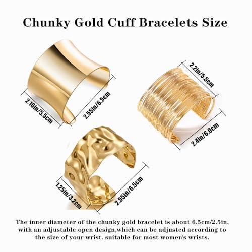 3PCS Gold Chunky Cuff Bracelets for Women Irregular Minimalist Statement Bangle Bracelets Set Open Wide Bangle Arm Cuff Upper Arm Punk Jewelry - color: 3PCS Chunky Gold Cuff Bracelets