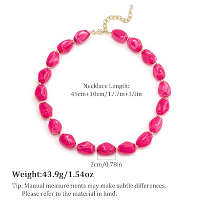 Boho Chunky Beaded Necklace for Women Lightweight Resin Beads for Summer Beach & Vacation Trendy Statement Jewelry Gift for Her - color: Rose Red