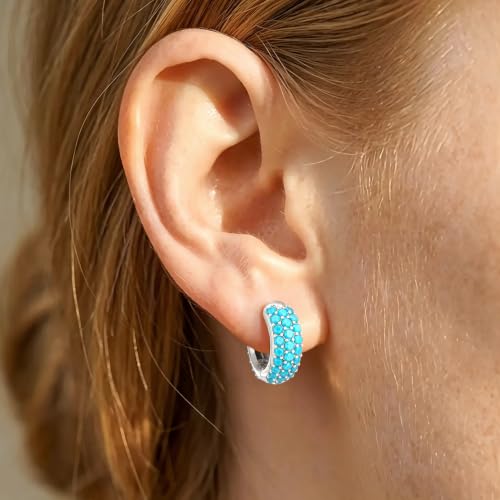 Gokeey Cubic Zirconia Hoop Earrings for Women, Sterling Silver Plated Small Huggie Hoops CZ Pave Chunky Thick Earrings Non Tarnish Hypoallergenic Lightweight Jewelry April Birthstone Gifts - color: Turquoise-Silver