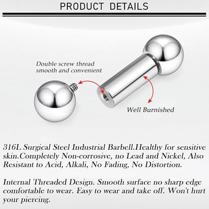 16G-00G Tongue Rings Nipple Piercings Internally Threaded Straight Barbell 316L Surgical Steel Body Piercing Jewelry for Women Men Black silver 12mm 14mm 16mm 19mm Bars Length - color: Silver, size: 0G(8mm)-19mm barbells-12mm Balls