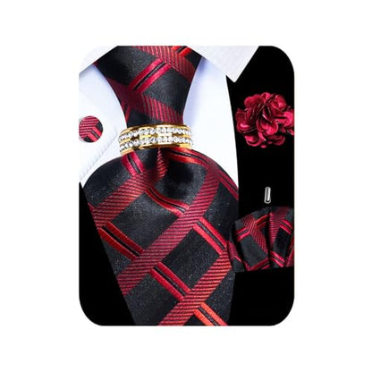 5PCS Mens Silk Tie, Pocket Square, Cufflinks, Drilled Tie Ring and Lapel Pin Set for Wedding Groom Party - color: Red Plaid Tie Set -131+3