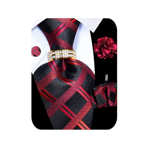 5PCS Mens Silk Tie, Pocket Square, Cufflinks, Drilled Tie Ring and Lapel Pin Set for Wedding Groom Party - color: Red Plaid Tie Set -131+3