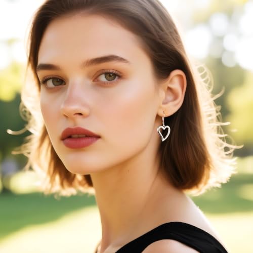 14K Gold Plated 925 Sterling Silver Openwork Love Heart Dangle Earrings, Leverback Huggie Hoop Hypoallergenic Trendy Earrings for Women - color: 925 Silver