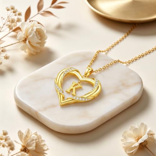 Midari 18K Gold Initial Letter Necklace for Women 18K Gold Initial Heart Capital Monogram Necklace for Mom Wife Alphabets from A-Z - color: K