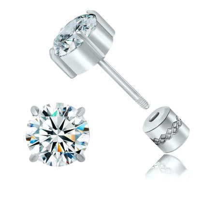 Titanium Flat Back Surgical Stainless Steel Stud Earrings for Women Men,Birthstone Stud Earrings Hypoallergenic Double Side 5A Cubic Zirconia Studs Jewelry 6mm - color: Silvery-Clear CZ