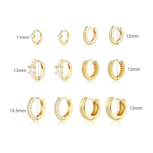 Wgoud Small Gold Hoop Earrings Set for Women, 6 Pairs 14K Gold Plated Hypoallergenic Lightweight Huggie Hoops Earrings, Trendy Cartilage Cubic Zirconia Earrings for Women Gifts. - color: C-Gold hoops