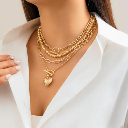 CSIYANJRY99 Layered Gold Necklaces for Women Chunky Gold Necklace Stack Layered Cuban Paperclip Snake Chain Necklace Retro Coin Dainty Pendant Toggle Clasp Necklace - style: Gold Beaded Heart