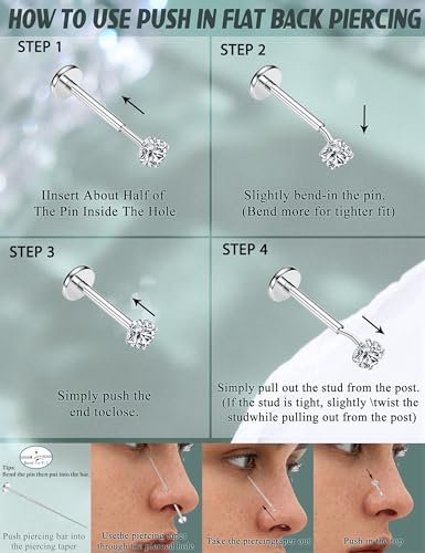 316L Stainless Steel 20G/16G Threadless Flat Back Push In Earrings Women | 11 Pairs 316L Hypoallergenic CZ Cartilage Conch Tragus Stud Earrings Nose Rings for Women, 14K Gold Plated, Silver, 6/7/8mm - color: Silver Plated, size: 16G- bar length: 6/7/8mm