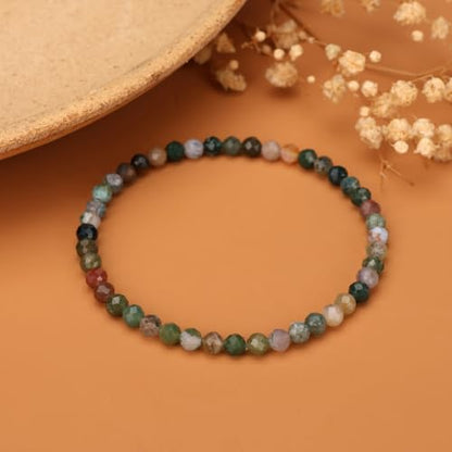 Natural Faceted Crystal Bracelet for Women,4mm Gemstone Round Beads Bracelets Adjustable Stretchy Healing Crystal Beads Bracelets Dainty Jewelry Gift - color: Indian Agate