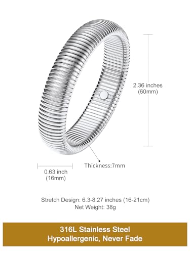 KeyStyle Bangle Bracelets For Women, Stainless Steel Stretch Bracelet Wide | 14K Gold/Rose Gold/Black/Silver Plated Flexible Wide Twisted Link Chain Wristband Jewelry, 10Mm, 16Mm, 20Mm - color: 16mm - Steel
