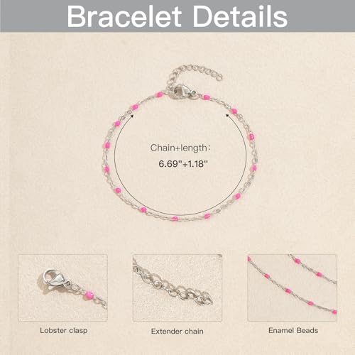 6 PCS Enamel Beaded Chains Bracelet Stainless Steel Link Bracelets | 6.7"+1.18", With Extender Chain, Fashion Jewelry Set, Gift For Women, Colorful, No Fade - color: Rose Silver