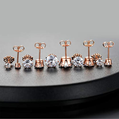 Gemsme 5 Pairs Princess Cut Cubic Zirconia Stud Earrings for Women/Men - 18K Gold Plated Hypoallergenic 3-7mm Square Clear CZ Earring Set - color: 925 Sterling Sliver-Rose Gold-Round 6 Prong