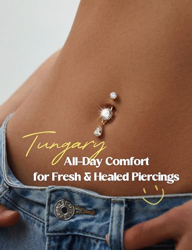 Tungary G23 Titanium Belly Button Rings for Women 14G Internally Threaded | Hypoallergenic Long Navel Piercing Jewelry, 3/8" Implant Grade Dangle Belly Button Piercing, 5A CZ, with Vacuum PVD Finish - color: Drop: 14K Gold Plated