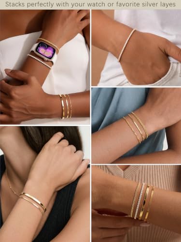 Dainty Gold Bracelet for Women Trendy Non Tarnish, Thin Bracelets Stackable Set with Bangle Cuff, Box, Herringbone, Paperclip, Figaro, Sparkling Link Chains Waterproof, Simple Jewelry Gifts for Women - color: Gold-tennis/cuban/bangle/paperclip/snake