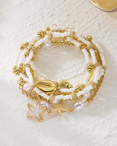 Shell Bracelets for Women Layered Seashell Starfish Bracelets Stackable Stretch Boho Beaded Bracelet Summer Beach Surfer Bracelet Seaside Beach Dress Outfits Accessories - color: B1:shell bracelets