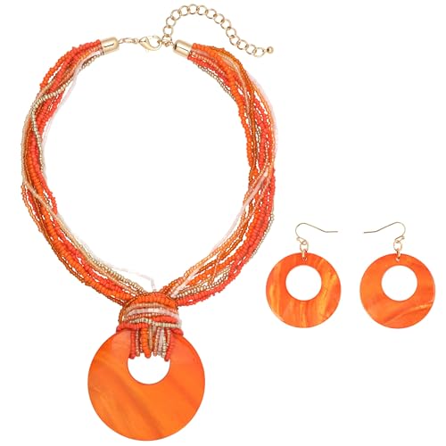 Coiris Multi Strand Statement Colorful Beaded Necklace with Big Circle Shell Pendant for Women - color: Orange