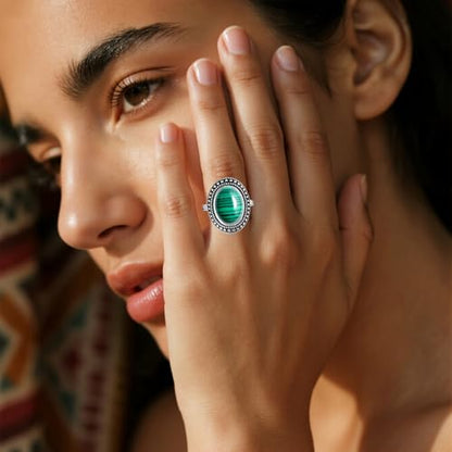 Retro Sterling Silver Stone Ring,Antique Natural Real Oval Crystal Quartz Gemstone Boho Bohemian Ring Jewelry for Women - color: A20_Malachite