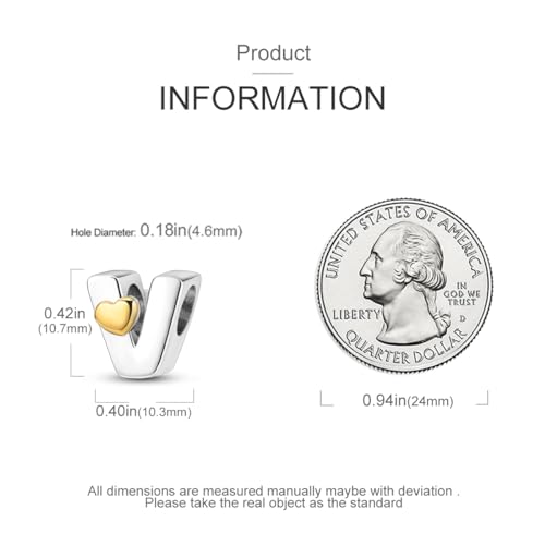 925 Sterling Silver Letter Charms A-Z for Bracelet Necklace Alphabet Bead | Heart letter A B C D G J charm initial gold Pendant beads Jewelry Gift for Women - color: Letter V