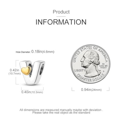925 Sterling Silver Letter Charms A-Z for Bracelet Necklace Alphabet Bead | Heart letter A B C D G J charm initial gold Pendant beads Jewelry Gift for Women - color: Letter V