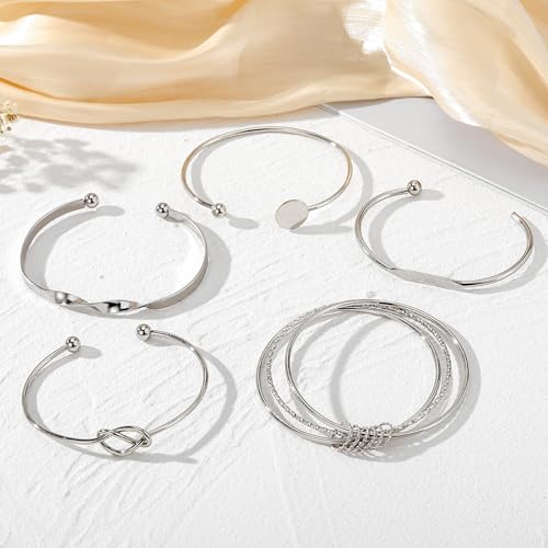 IFKM Gold Bangle Bracelets For Women, 14k Gold Plated Multi Layer Stackable Cuff Bracelet Set, Trendy Elegance Charms Non Tarnish Minimalist Textured Boho Jewelry Gift for Women - style: Multilayer opening silver