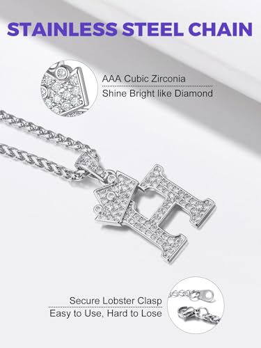Richsteel Silver Crown Initial A-Z Letter Pendant Necklace for Men Women | Cubic Zirconia Monogram, 316L Steel Chain, 22" + 2" Extender,Hypoallergenic,Gift Box, Hip Hop Jewelry - style: H