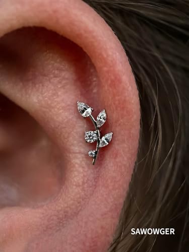 16G Titanium Flat Back Earrings for Women Conch/Helix/Foward Helix/Tragus/Hypoallergenic Piercing Jewelry Internal Thread Cartilage Stud Gold Silver CZ Branch Earrings - color: Silver-For Wearer Left Ear