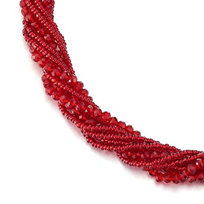 COOLSTEELANDBEYOND Multi-Layer Beads Crystal Braided Chain Choker Collar Magnetic Clasp,Statement Necklace, Bracelet - color: C-Necklace Bright Red Color