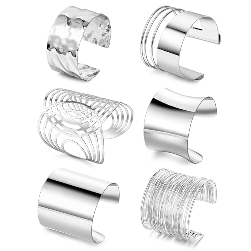 REVOLIA 6Pcs Chunky Cuff Bracelets Set for Women Minimalist Irregular Statement Wrist Cuff Adjustable Hammered Bangles Bracelets Open Wide Wire Arm Cuff Bracelet - color: Silver-A