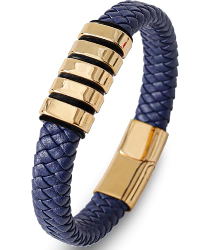 Stainless Steel Mens Bracelets - Black Leather Punk Cuff Jewelry - color: Blue plated