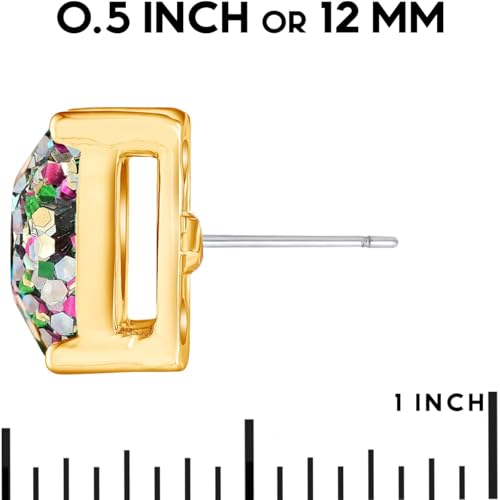 Large Square Stud Earrings for Women - Big Sparkly Rhinestone Studs | Plated in Gold Tone or Silver Tone, Hypoallergenic and Safe for Sensitive Ears - color: Confetti Glitter