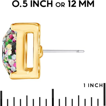 Large Square Stud Earrings for Women - Big Sparkly Rhinestone Studs | Plated in Gold Tone or Silver Tone, Hypoallergenic and Safe for Sensitive Ears - color: Confetti Glitter