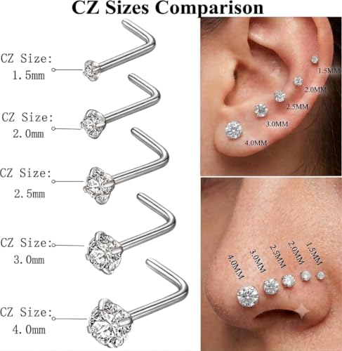 8Pcs 20G Gold/Silver 316L Surgical Stainless Steel L Shaped Corkscrew Nose Studs earrings, Hypoallergenic Nickel Free Tiny Clear Cubic Zirconia Nose Piercing Jewelry 2mm‑4mm,cartilage piercings, Minimalist Dainty Body Piercing Accessories for Sensitive Sk