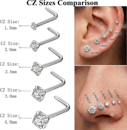 8Pcs 20G Gold/Silver 316L Surgical Stainless Steel L Shaped Corkscrew Nose Studs earrings, Hypoallergenic Nickel Free Tiny Clear Cubic Zirconia Nose Piercing Jewelry 2mm‑4mm,cartilage piercings, Minimalist Dainty Body Piercing Accessories for Sensitive Sk
