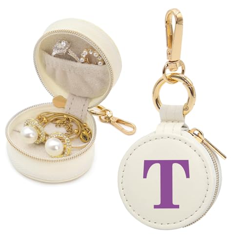 Mini Initial Travel Jewelry Case Ring Holder, Beige Faux Leather Small Jewelry Organizer Box Gifts for Women Girls Nurse Teacher, Gym Travel Accessories Keychain Pouch for Earrings Rings Necklace T - color: Beige, size: Leather-T