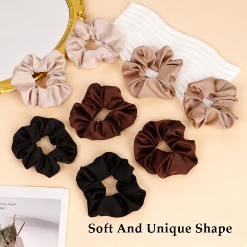 Satin Scrunchies for Women – 8PCS Neutral Silk Hair Ties Set (Black, Blonde, Dark Brown, Light Brown) – No Crease, Frizz-Free, Gentle Elastic Hair Bands, Soft & Stylish Everyday Hair Accessories Gifts - color: Large-Neutral
