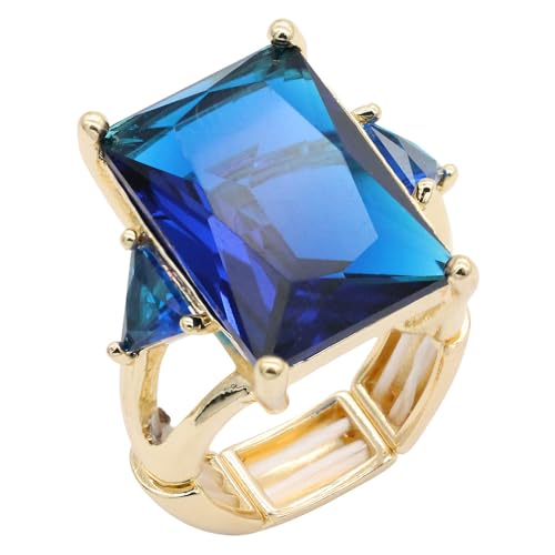 Lavencious Big Bold Radiant CZ Stones Stretch Rings for Women Size for 7-9 - color: Blue