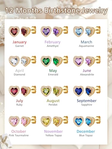 FindChic Birthstone Earrings for Women, Round/Heart/Square/Teardrop Earrings with 925 Sterling Silver Posts & Push Backs, Hypoallergenic Studs with Cubic Zirconia, 12 Months Jewelry with Gift Box - style: 05. May-Emerald (Heart-Gold)